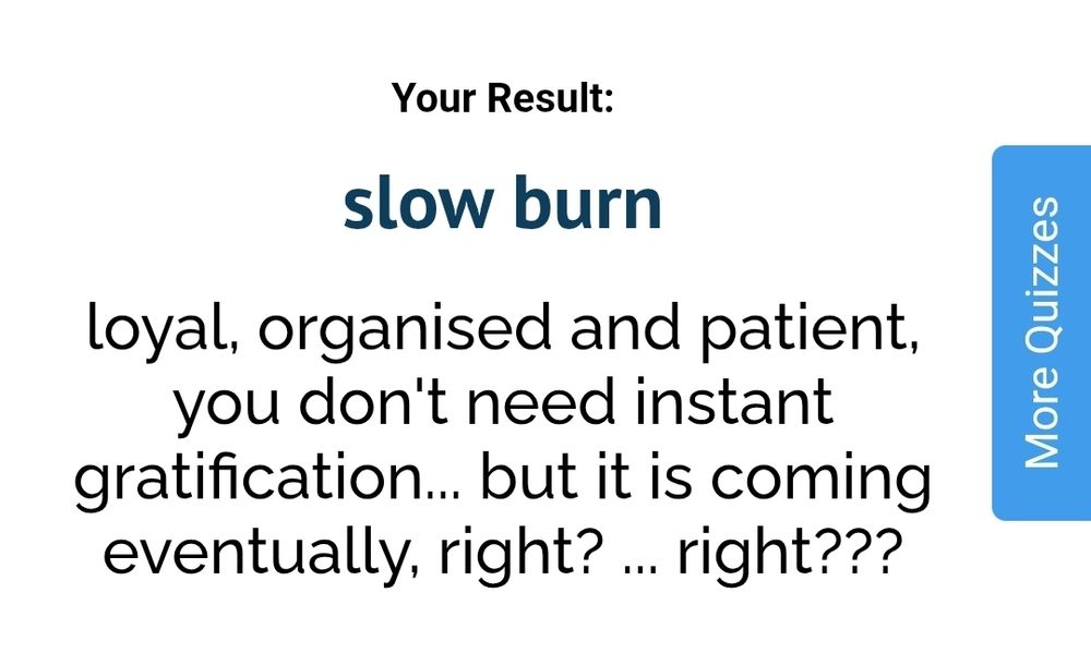 My result for the "which ao3 tag are you quiz?" is: "slow burn. loyal, organised and patient. you don't need instant gratification... but it is coming eventually, right? ... right???"