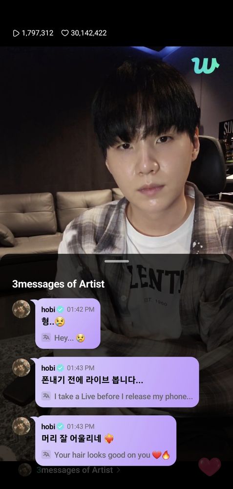 A screenshot of Yoongi looking sad in his last vlive and reading comments by Hobi. His comments are "hyung 😢" and that he's watching the live before he has to return his phone. Hobi was in the military at that time. And he comments that Yoongi's hair looks good (plus a burning heart emoji)... 