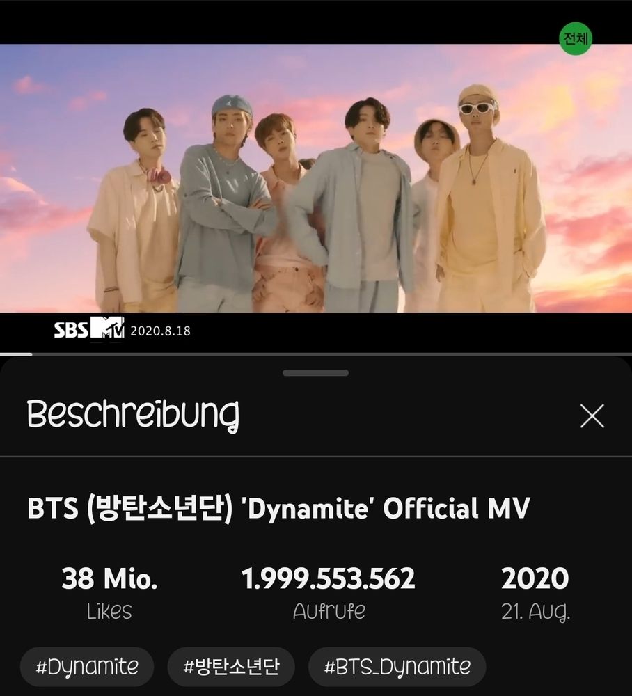 A screenshot of the BTS Dynamite mv on Youtube. We're getting closer to 2 billion streams <3 