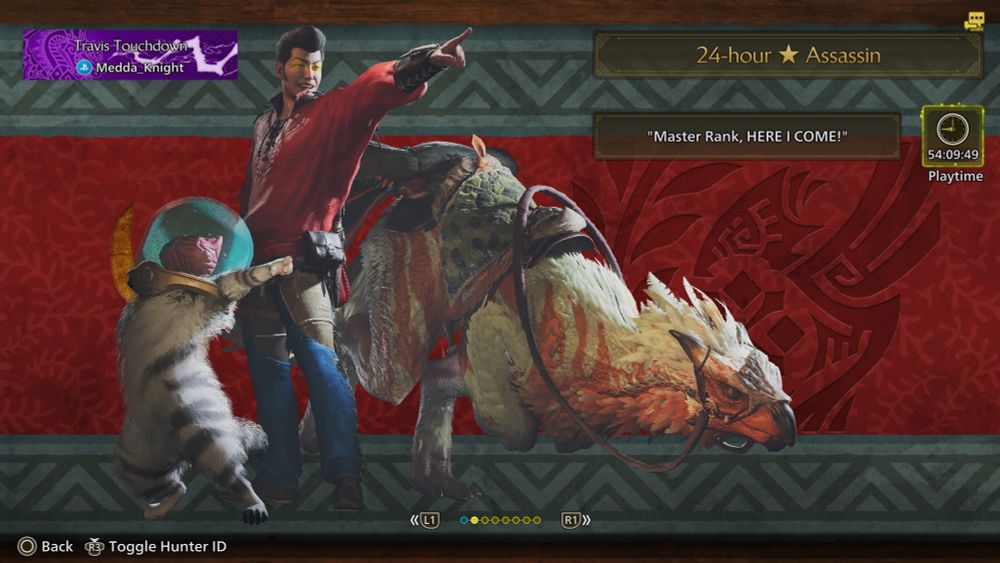 The No More Hero, Travis Touchdown, posing for his Hunter License alongside his Palico, Jeane (whose brain is in a jar) and his Seikret, Schpeltiger. 