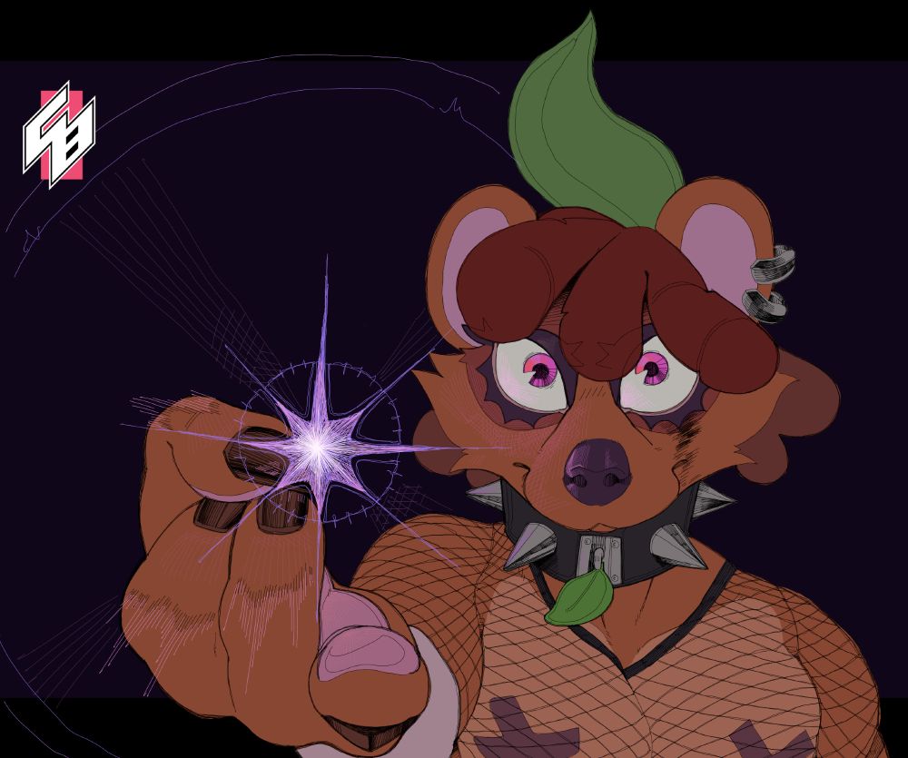 An anthropomorphic tanuki character in a fishnet bodystocking and spiked collar, faces the viewer with an intense expression. They are charging a powerful attack with glowing energy between their bare fingers, prepared to release it. The background is a dark, shadowy background.