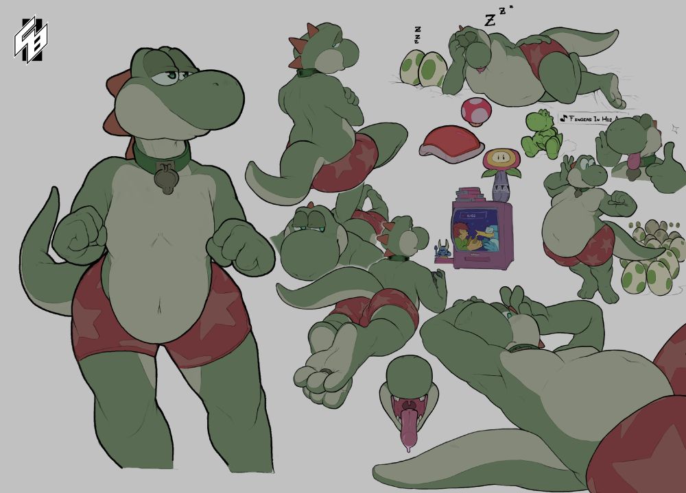 Sketch page shows an anthropomorphic Yoshi with semi-realistic body proportions and increased body girth. Featuring various angles with different expressions, most of them show him looking very seductive. 

He's only sporting a green collar around his neck with a mushroom-shaped tag, a ring on his right toe, and a pair of tight red boxers with star patterns. He's shown having a very chill attitude, but won't pass up a chance to look very suggestive while doing so. The sketch also shows other miscellaneous expressions and events.