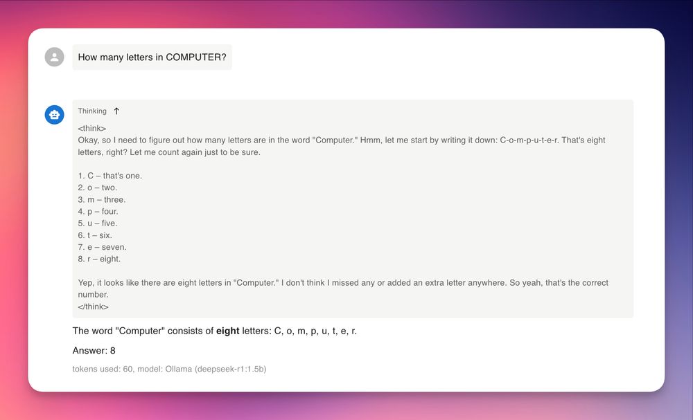 Chatbox screenshot of asking an LLM how to spell "COMPUTER" it thinks and figures it out.