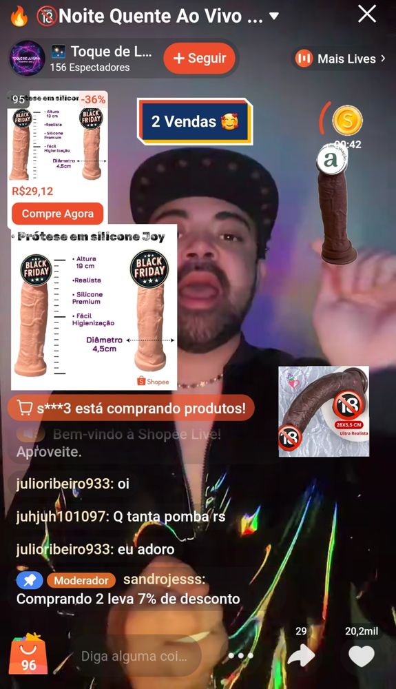 gay fazendo live na shopee vendendo próteses penianas realistas de silicone 