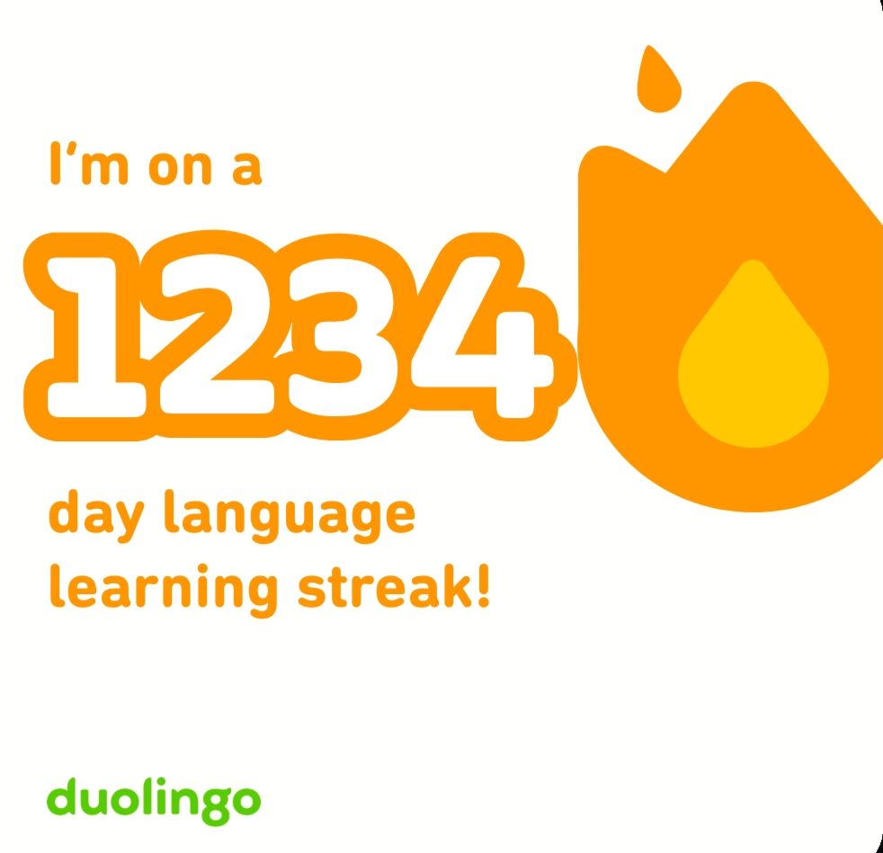 ofensiva do Duolingo marcando 1234 dias 