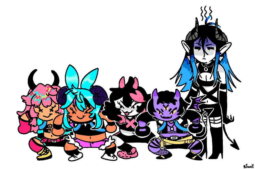 The happiest family ever!!!!!!! One demon and three imps(?) that definitely do not behave themselves. Mephisto (fed up) holds four child leashes, holding back Nyari, Andou, Mira, and Dia.