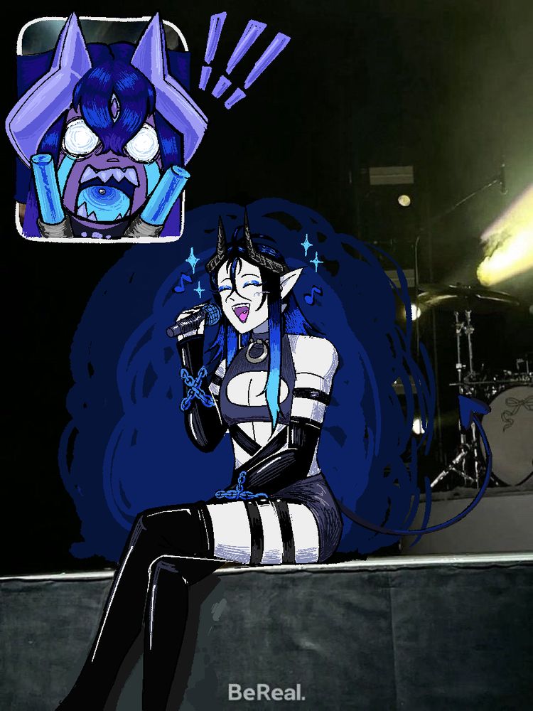 redraw of that one bereal meme of the girl screaming cheering for the other girl singing but its me with mephi because the pose was diva i guess