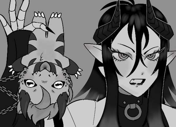 A redraw of a picture of Astarion's (Baldur's gate 3) voice actor holdinh up a plush of the character with a disgusted expression. Mephisto holds up a tiny Stag, who seems pretty okay with the whole thing! Blep. 