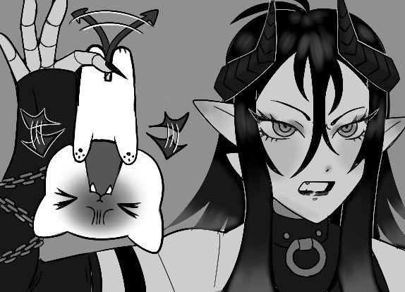 A redraw of a picture of Astarion's (Baldur's gate 3) voice actor holdinh up a plush of the character with a disgusted expression. Mephisto holds up Faust, dangling him upside down. The cat seemingly hates it.