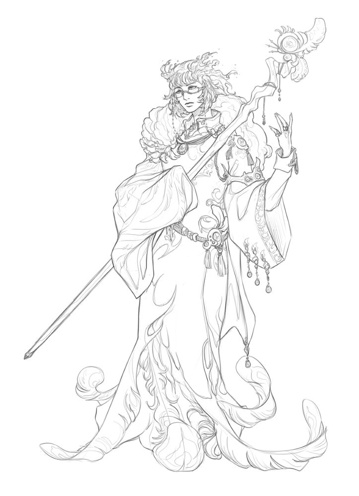 Art by @ersatzlace. Ignus is a tall, slender Fire Genasi woman with short hair, glasses, and dressed in a comfortable robe. Her expression is distant and sad, with her right hand shrouded by her robe. 