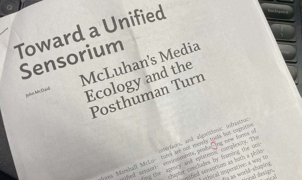 Photo of a marked-up page proof for an article headlined "Toward a Unified Sensorium: McLuhan's Media Ecology and the Posthuman Turn."