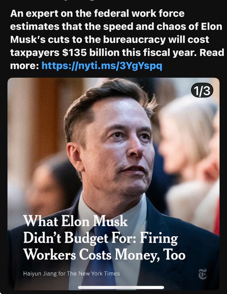 Photo of Elon Musk with the headline “What Elon Musk didn’t budget for: firing all those workers costs money”

A header says the cost is estimated to be $138 BILLION dollars. All that winning! 