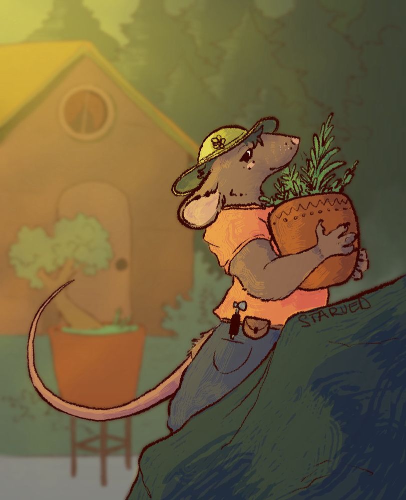 an anthro mouse is taking their plants outside. they are wearing an orange shirt with blue pants and a cute yellow hat. they look back at the camera with a peaceful expression 
