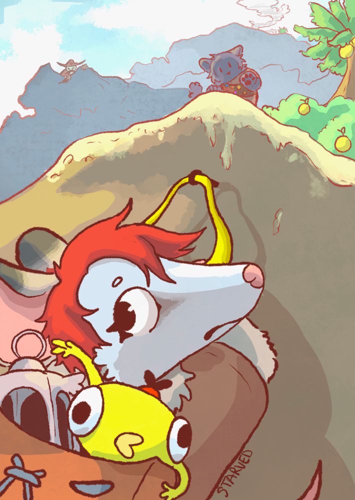 starved the opossum hanging from a piton in the game peak. in their backpack is a fairy lantern and a green character named bing bong. on top of the cliff is baja the cat, holding out their paw to try to help starved when they let go. there’s something eerie about the figure in the distance though…