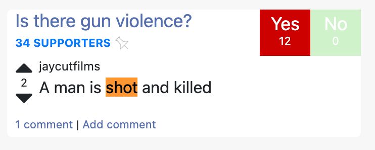 A screenshot from doesthedogdie.com shows a question: "Is there gun violence?" and the answer "A man is shot and killed"
