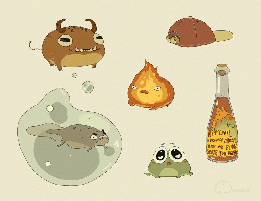 This image shows a variety of illustrated frogs. In the top left there is a demon frog with horns and spiky teeth. In the bottom left is an angry tadpole with a moustache floating in a bubble of water. In the middle there is a flame frog, that is reminiscent of Calcifer.  Below the flame frog is a small round frog with big eyes. n the Top right there is a hat with a very small frog living inside it. Finally there is a bottle of hot sauce with a frog on the label and text that reads: "Hot like deadly spicy, hot as fire sauce you regret"