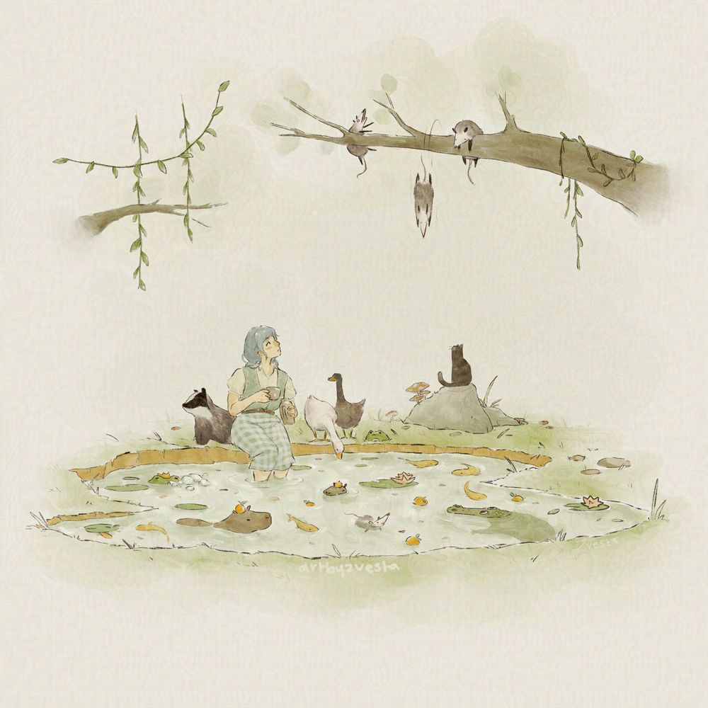 An illustration of a girl sitting beside a pond surrounded by animals