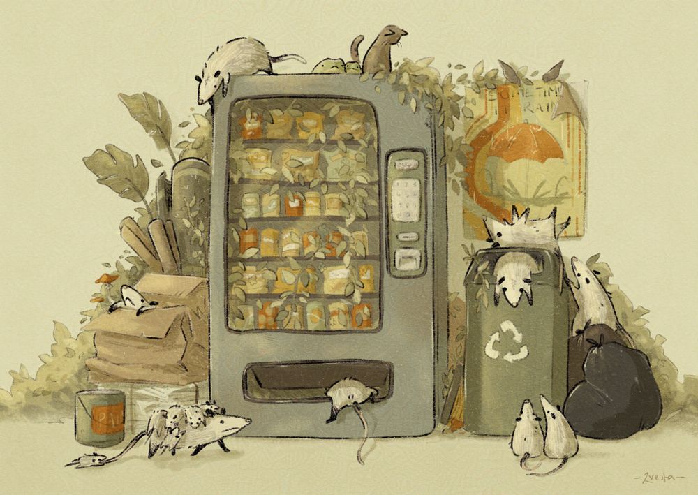 An illustration of a group of opossums investigating an old vending machine.
