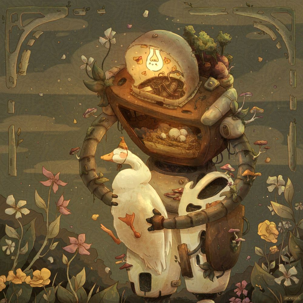 This is a digital illustration of a robot holding a goose. The robot is pieced together with miss-matched parts and it's face is a light bulb. Inside the body of the robot is a nest with some eggs in it. Around the robot there are flowers and leaves. 