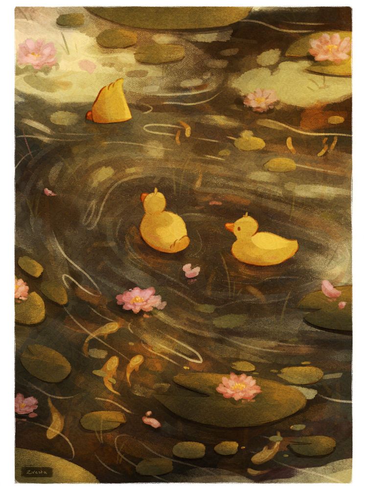 This is a stylised illustration of some small yellow ducks swimming in a pond. 