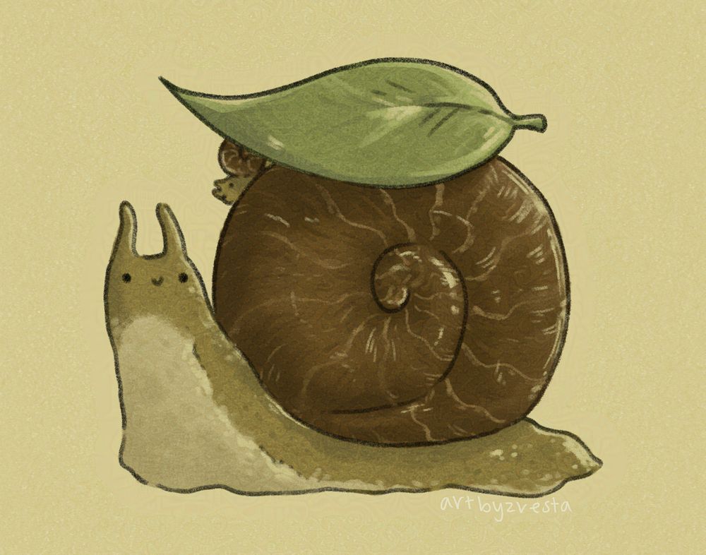 This is a stylized, digital illustration of a snail with a leaf on the back of it's shell. A smaller snail peaks out from underneath the leaf. 