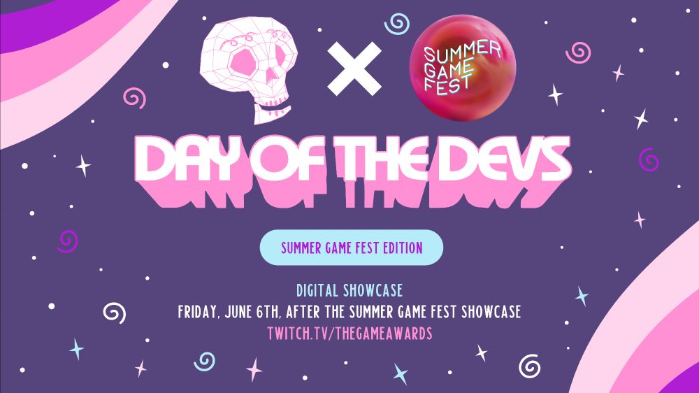 A vibrant purple-tinted graphic shows the Day of the Devs logo: 

Summer Game Fest Edition
Digital Showcase
Friday, June 6th, After the Summer Game Fest Showcase
twitch.tv/thegameawards