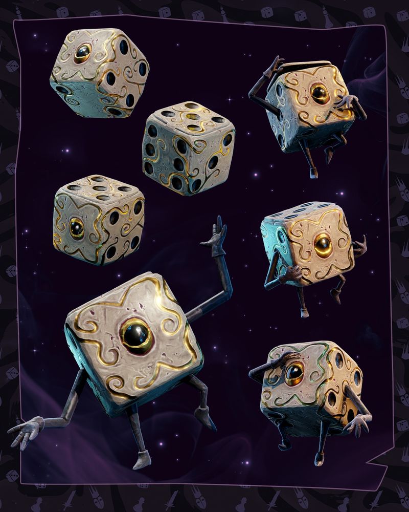 A concept art collage featuring six different dynamic poses of Fortune, the companion die from Lost in Random. Fortune is an off-white cube with ornate gold swirl engravings resembling a traditional die's pips, and large, dark, circular eyes on each face. Thin, dark, jointed limbs protrude from the cube, allowing her to stand and gesture. The background is a dark, starry purple.