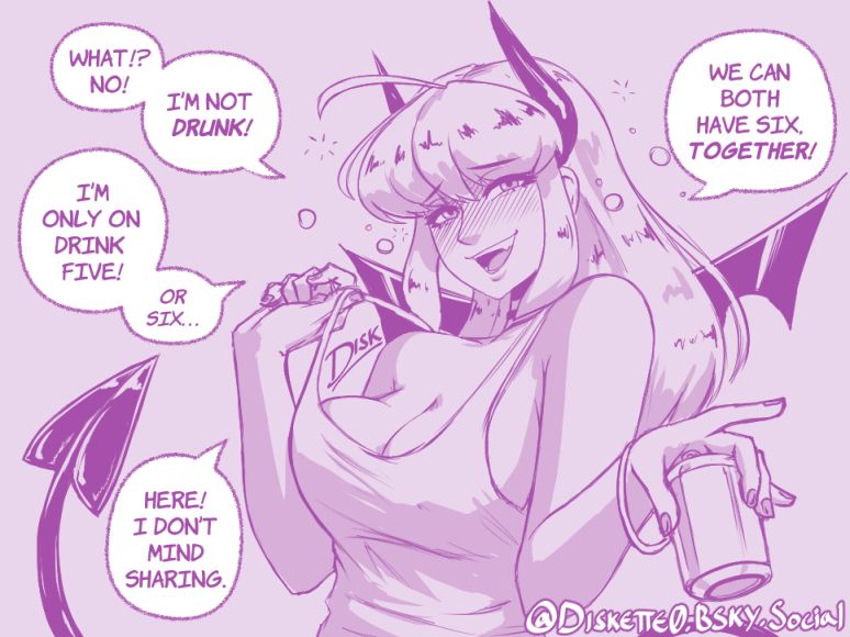 A sketch of a succubus girl that has had a few more drink than you. She is pulling on her shirt and holding a drink. 
Text bubbles read: "What!? No! I'm not drunk! I'm only on drink five! or six... Here! I don't mind sharing. We can both have six, together!"

#Artwork #Drawing #Illust #Illustration #Alcohol #Manga #Anime #Sketch #Horny #Ecchi #RKGK #Waifu #Boobs #Oc #Succubus #MonsterGirl #Horns #Wings boobin