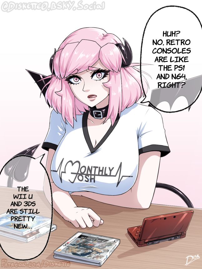 A recreation of that one Retro Game picture of Sanae from Touhou. It is my character Sette sitting at a wooden table with a red Nintendo 3DS and some games.
Text boxes read "Huh? No, Retro consoles are like the ps1 and n64 right? The Wii U and 3DS are still pretty new..."

You can read her comic early at Patreon.com/Diskette or for free at a later date somewhere in Diskette.Carrd.co
All of Part 1 available now with part 2 pages updates every month.

#OC #IndieComic #IndieManga #WebComic #Anime #Art #Artwork #Drawing #ReSette #RKGK #OriginalCharacter #Illustration #Illust #Boobs #3DS #Videogames #FireEmblem #KidIcarus #Nintendo #Gaming #Atlus #DevilSurvivor #MonthlyJosh #PinkHair #sad
