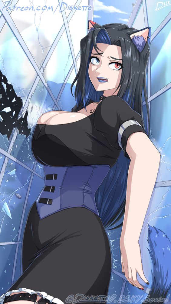 A full color commission of a very big cat girl trying to fit between two buildings. The building is taking damage. She has long black, a short black skirt, and blue hair.

Get just about everything I make early over on patreon.com/diskette and read my comic thing!

#Drawing #Commission #MyArt #Illustration #Illust #Ecchi #ArtCommission #Manga #Anime #AnimalGirl #Buildings #Cleavage #Clouds #CloudySky #BlueSky #Goth #GothGirl #Destruction #Giantess #Thighhighs #Giant #LargeBreasts #BigBoobs #MonsterGirl #Tattoos #CatEars #CatGirl #DigitalArt #DigitalDrawing #Digital #Boobs Boobin'