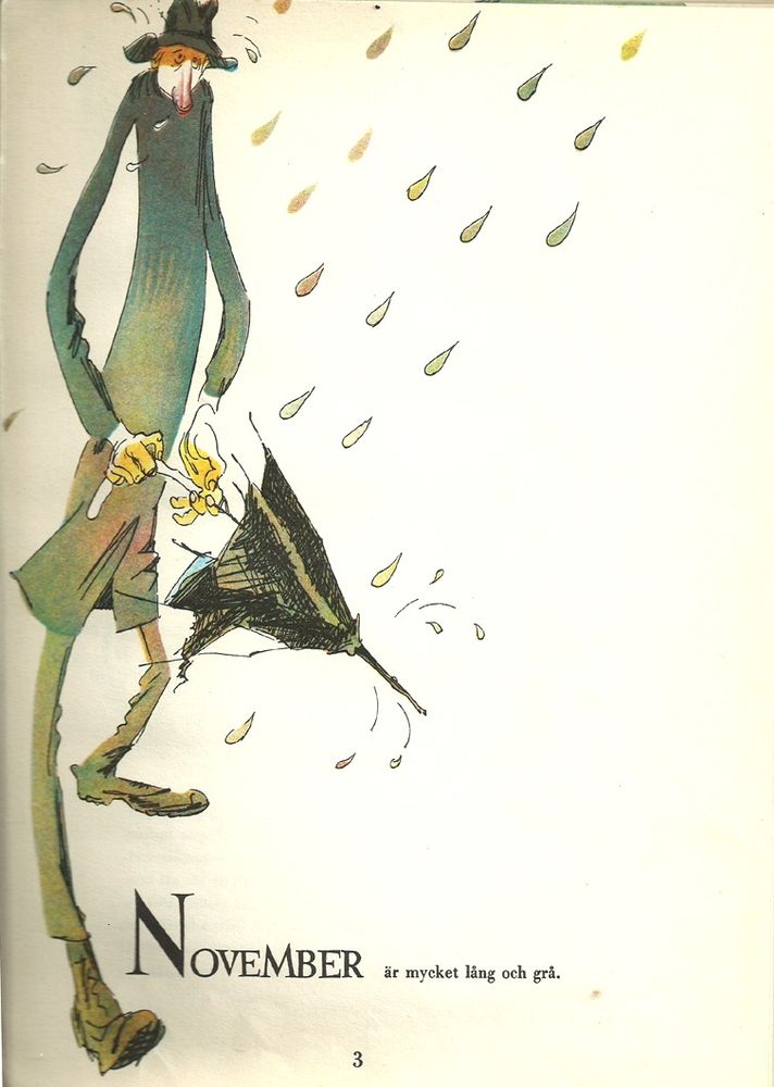 Bild från barnbok, lång gubbe i regn med paraply.