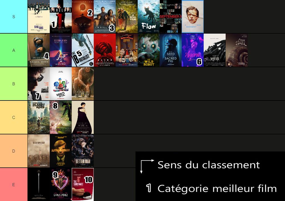 Liste de 30 films classés dans les catégories S, A, B, C, D et E. En premier "Sing Sing" et en dernier "The Substance"