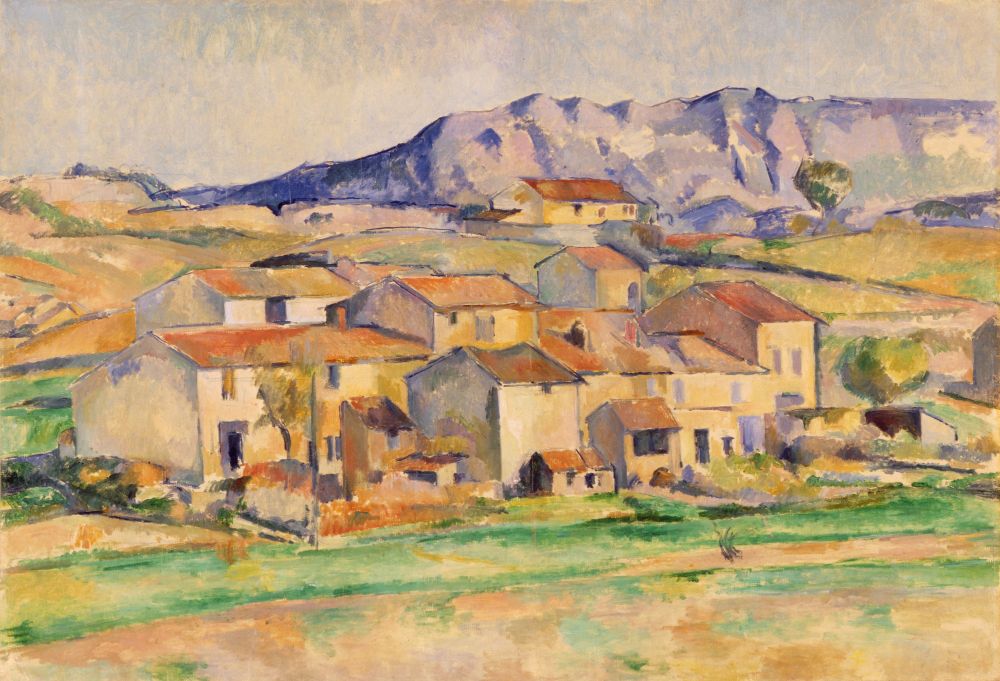 "Hameau à Payennet près de Gardanne" tableau de Paul Cézanne, petit village provençal au premier plan avec la Sainte Victoire en arrière plan.
