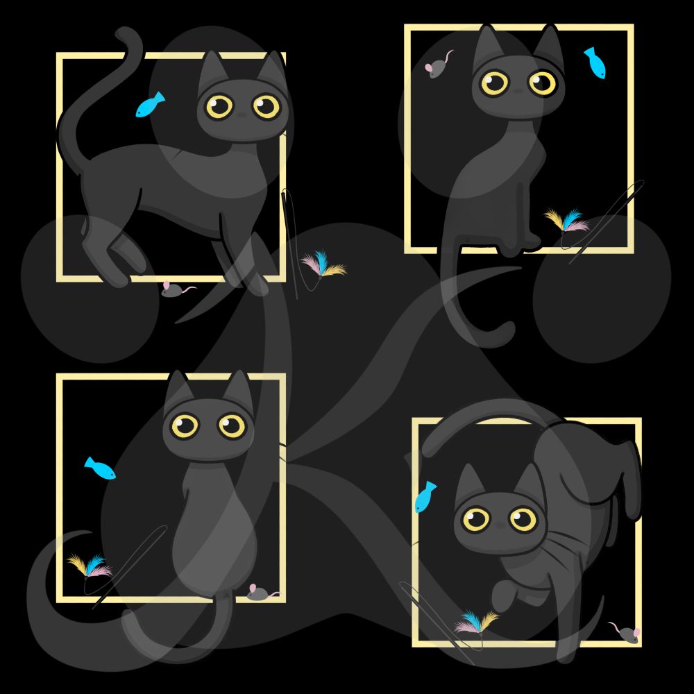 A collection of four cute curious staring black cats with big yellow eyes in different poses, alternate version with toys added.