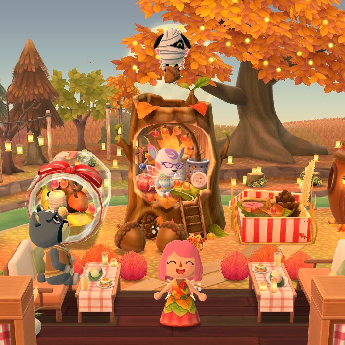 Picture of my fall themed mushroom fairy decor in Animal Crossing Pocket Camp, different outfit and some decor items.