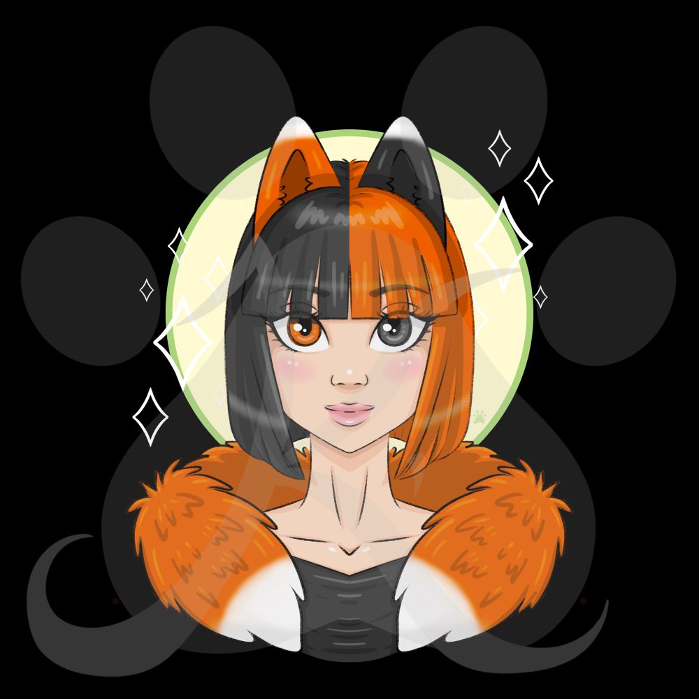 A fox girl, with a short straight bob type hairstyle, left side black and right side orange fox color, with fox ears coming out at the top, orange on left and black on right, the reverse of the color of the hair. One orange eye on the left and black on the right. Wearing a black top with a faux orange fox fur stole over her shoulders. The fur stole and her ears are tipped white.