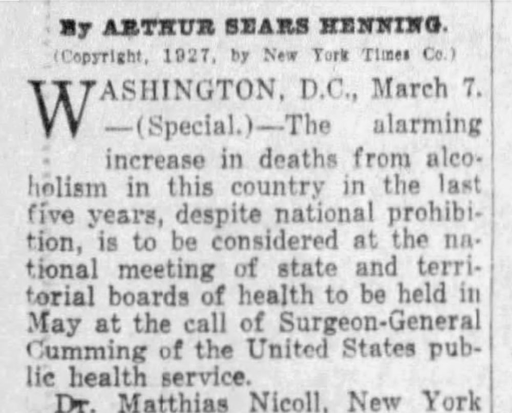 1927 newspaper story: Alarming increase in deaths from alcoholism despite national prohibition.