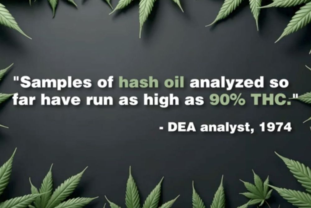 "Samples of hash oil analyzed so far have run as high as 90% THC."
- DEA analyst, 1974