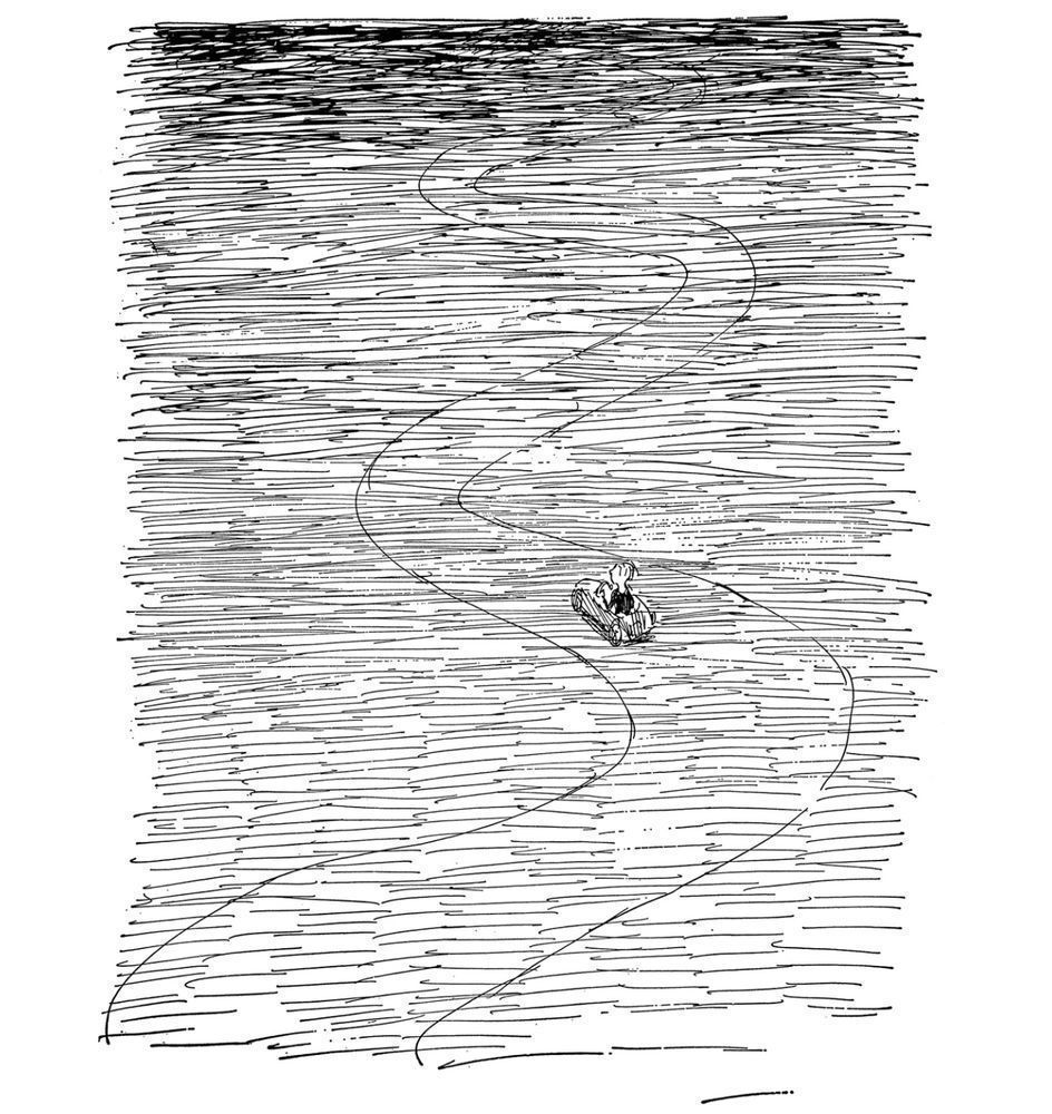 Milo’s car, winding along a desolate road, along a blank landscape that gets darker and darker ahead 