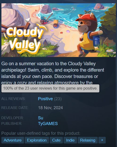 Screenshot of Cloudy Valley's Steam page with 23 positive reviews