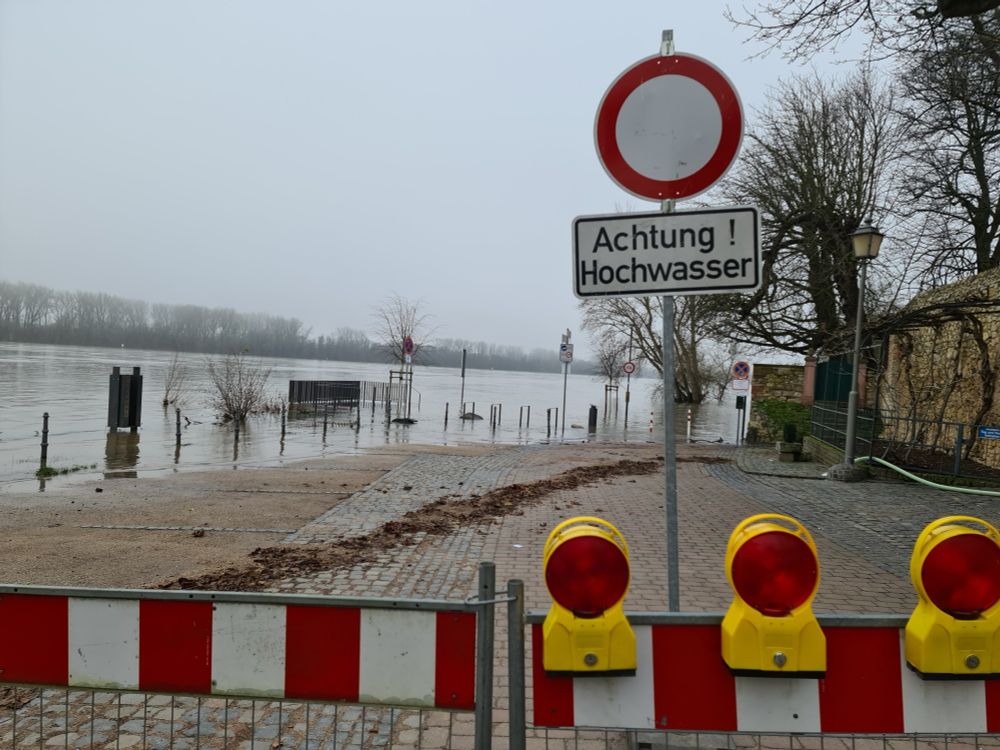 Im Vordergrund ein "Achtung Hochwasser"-Schild, in Hintergrund der Rhein und ein überfluteter Spazierweg.