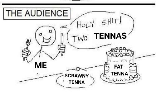 stick drawing of a person in front of two cakes labeled "SCRAWNY TENNA" and "FAT TENNA" saying "Holy shit! Two Tennas"