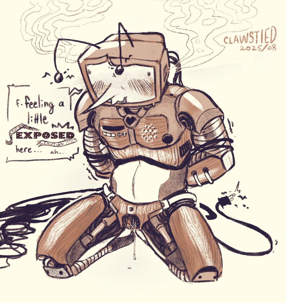 Tenna, stripped nude to reveal a body made of an array of rubbers, wood paneling, and metal parts. his hands are bound behind his back in a tangle of wires and his thighs are spread wide to show his pussy, glistening and dripping wet. he shudders, head dipped in submission, muttering, "feeling a little exposed, here... ah..."