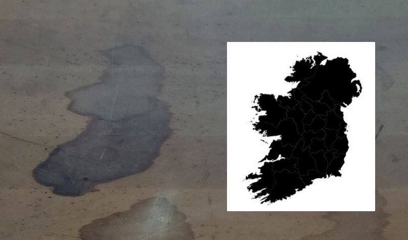 A cropped version of the previous image. One of the stains on the table is suspiciously Ireland-shaped and is shown here next to a sillhouette of Ireland. Presumably the person who made this comparison thinks he is funny for doing so but honestly the jury's out on that one.