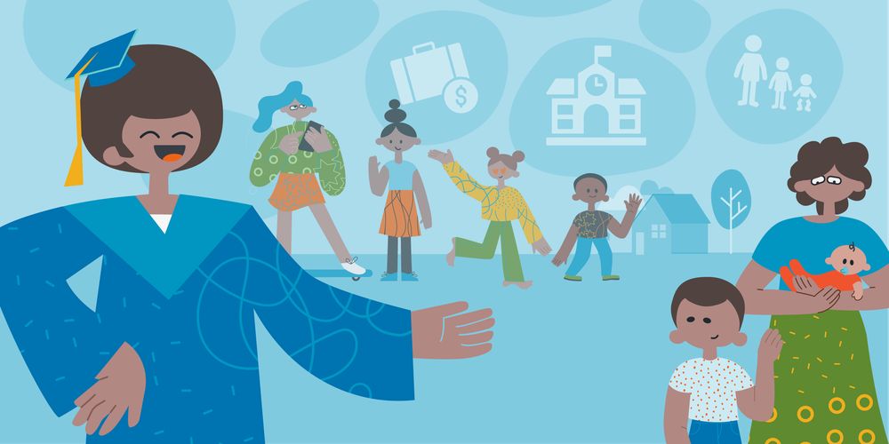 Illustration of different people, including a graduate