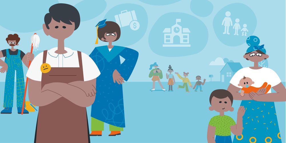 Illustration of different people, including a graduate