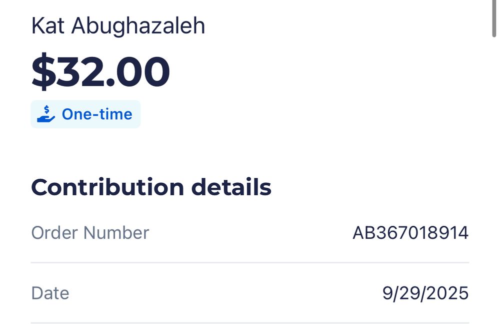 Screenshot of donation receipt for $32.00