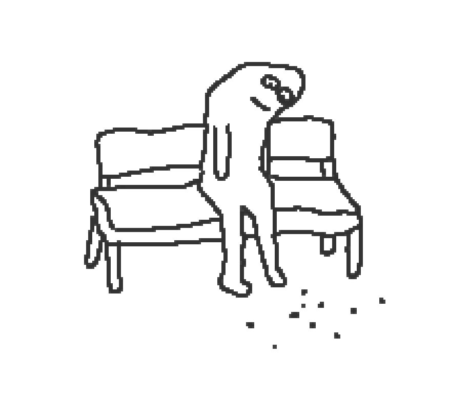 a black and white drawing of a figure sitting on a park bench looking downwards at undefined, scattered black marks on the ground, the title of the image is "ants.PNG"