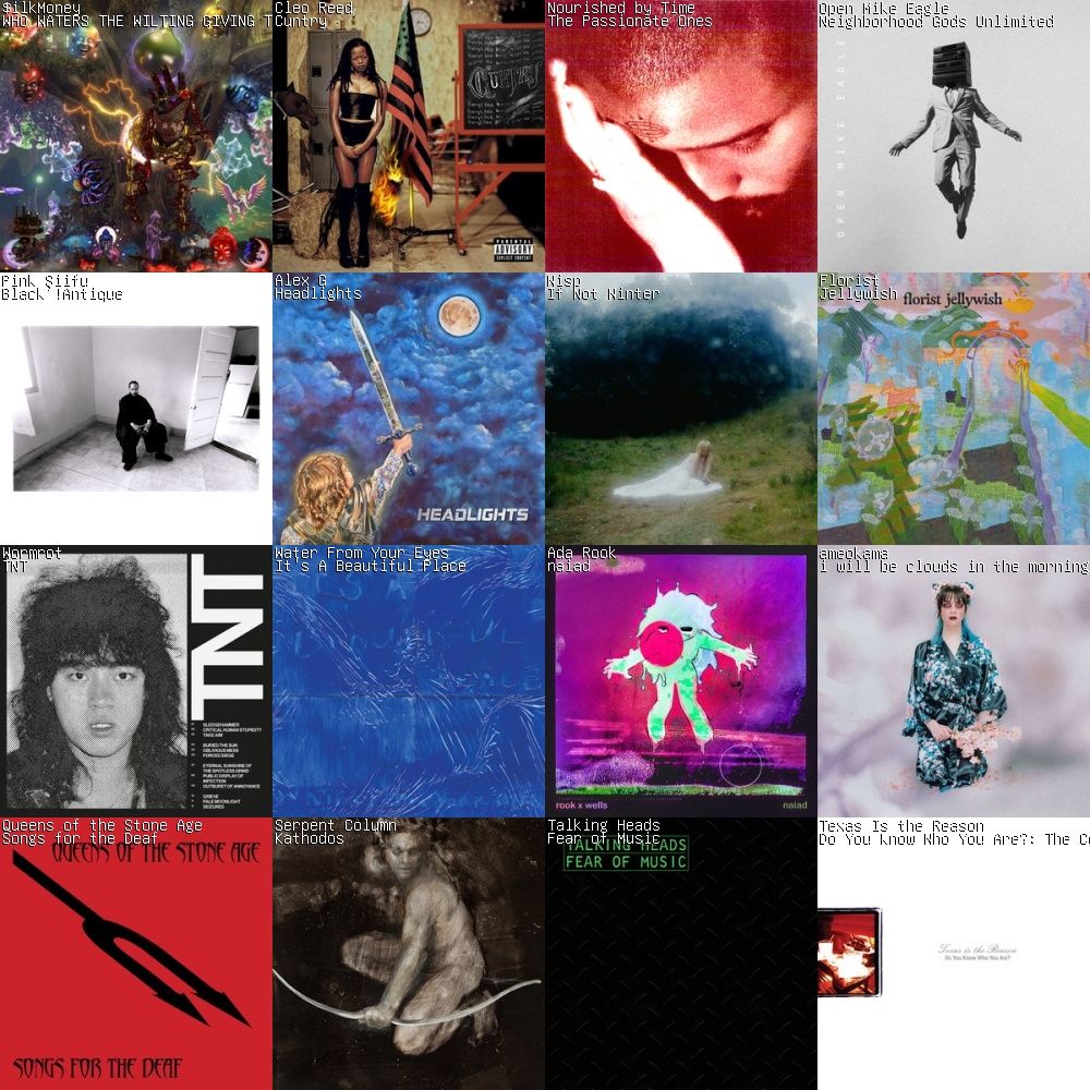 16 albums I listened to this week although really it's 11 and 5 individual songs. In first is silkmoney