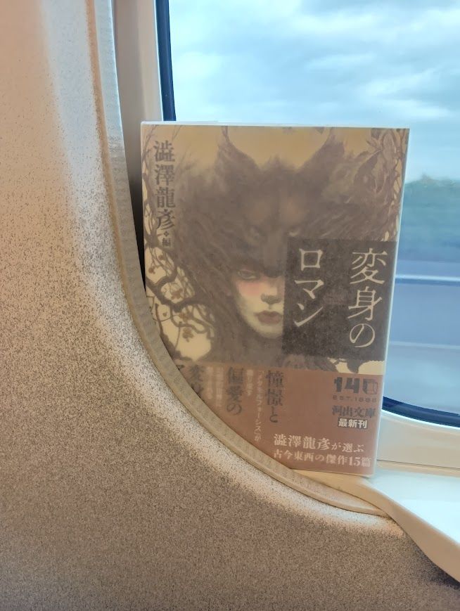 新幹線の窓に立てかけた 澁澤龍彥編『変身のロマン』（河出文庫）